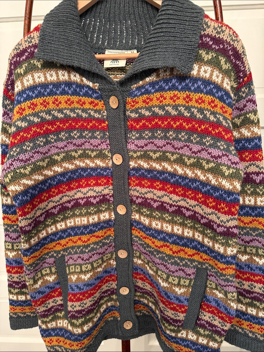 Pachamama 100% Wool Handmade Fair Isle Cardigan Sweater M Nordic Chunky knot